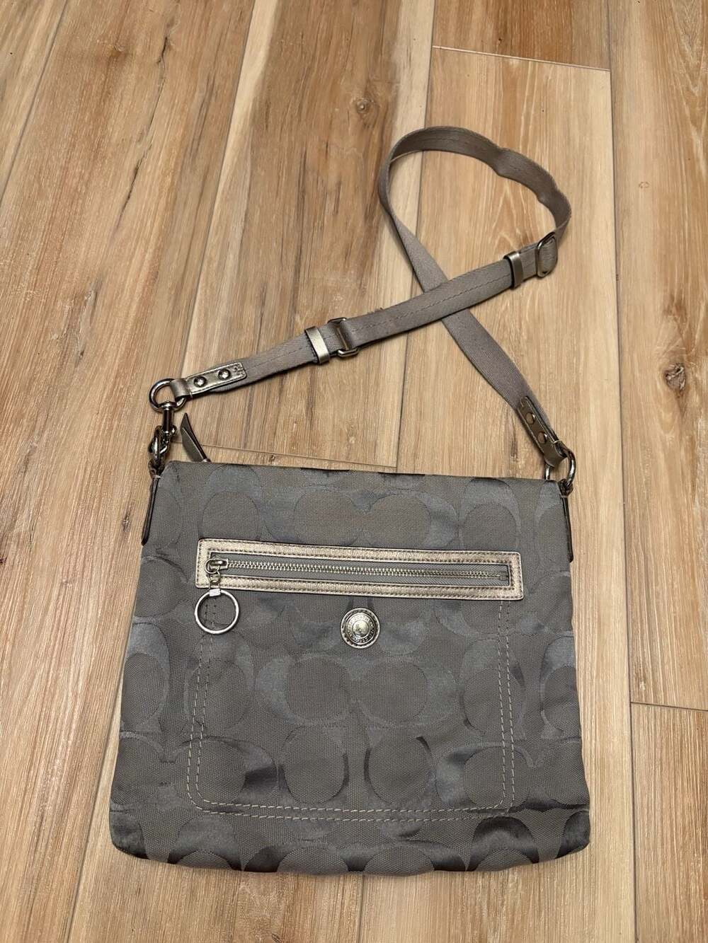 Coach Gray Signature C Jacquard Silver Metallic Crossbody Bag